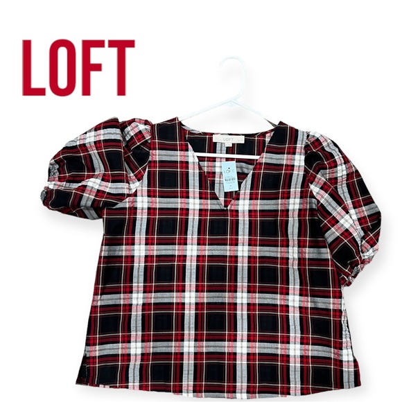 Loft medium red/black/white plaid top sheer/ elastic ruffle sleeves NWT Holiday - Picture 1 of 11